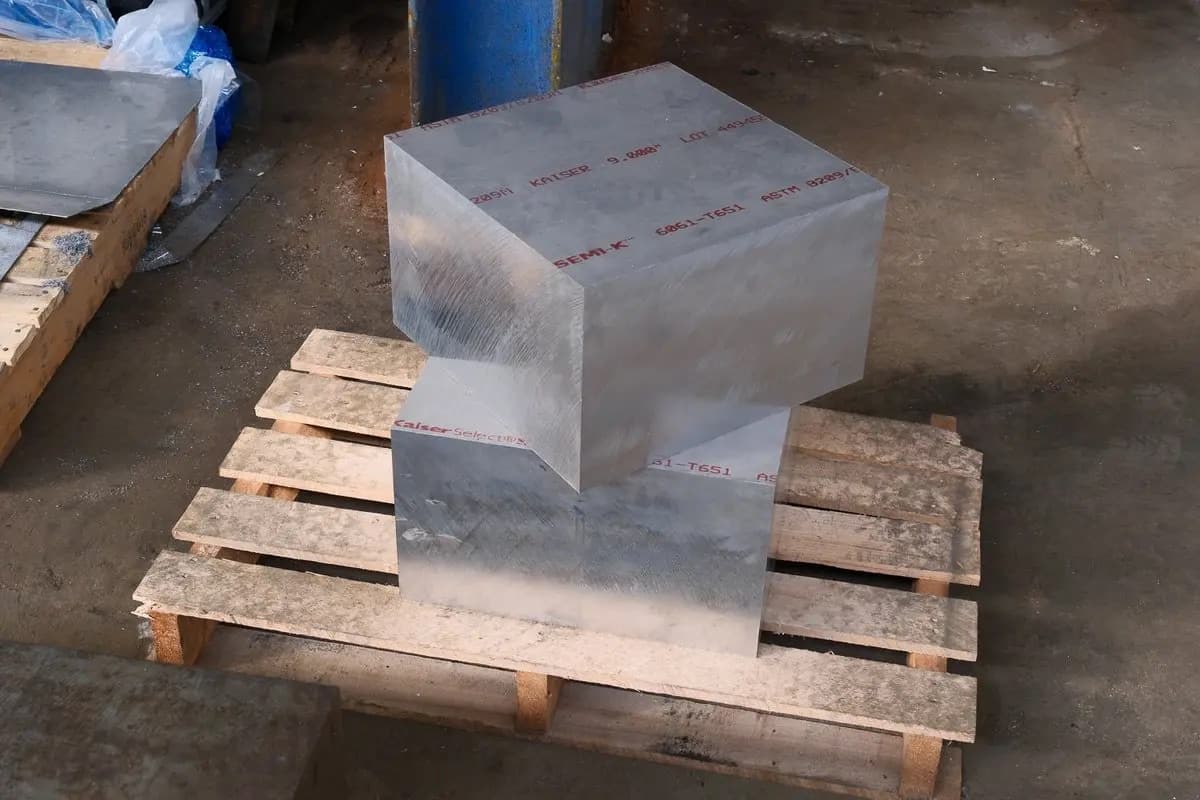A 9 inch thick 6061-T651 aluminum block on a pallet, showing Kaiser Select mill markings, ASTM B209 designation, and lot number