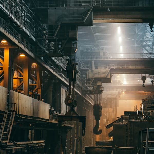 Rolled metal stock stacked in an industrial facility