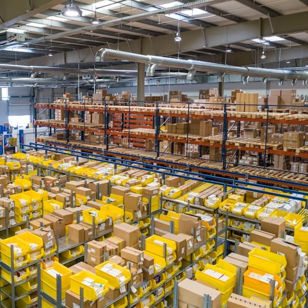 Palletised metal stock staged for shipment in a warehouse